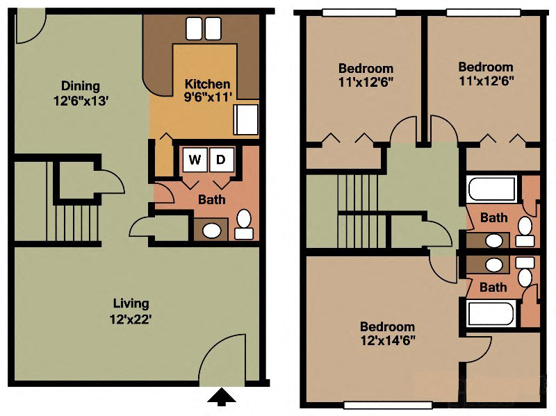 Floor plan for 3 beds, 2.5 baths, 1470 sqft